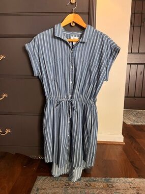 Jopna Blue and White Striped Button-Front High/Low Shirt Dress